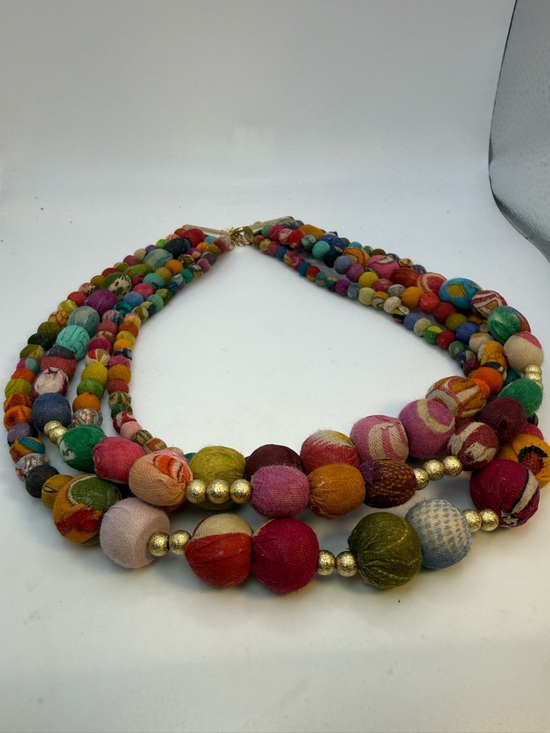 Jewelry - Kantha Style Fabric Bead Necklace Multicolor Boho Statement 20”